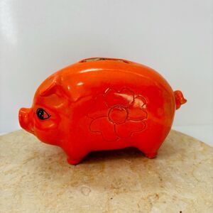 Vintage 70s Piggy Bank Orange Flower Handmade Ceramic VTG Ceramic Kitschy Quirky